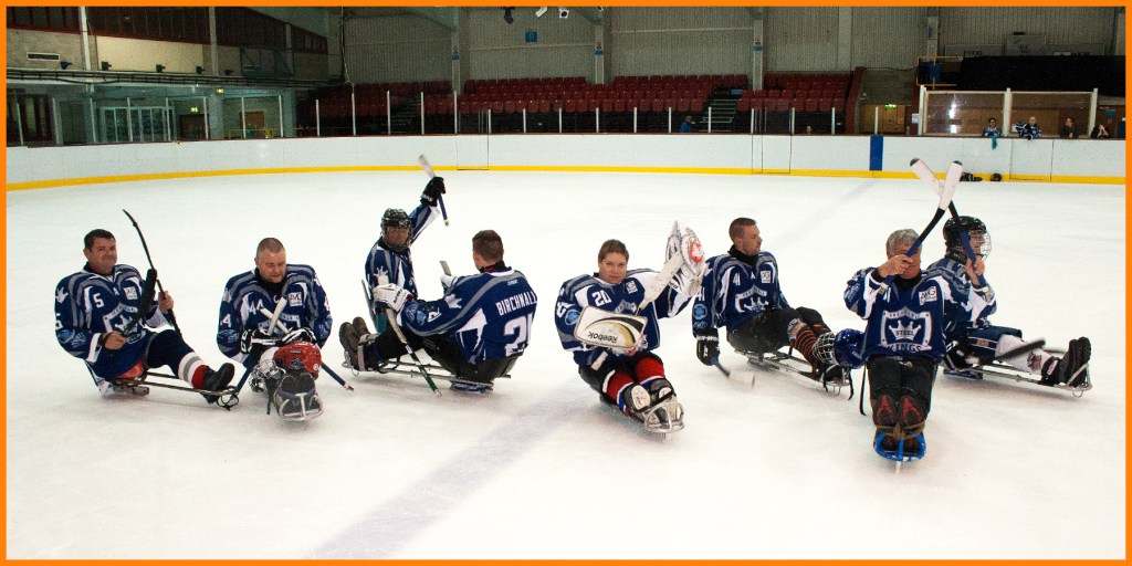 The early days. The Sheffield Steelkings team after their first ever competitive para ice hockey league game in Hull against the Kingston Kestrels.